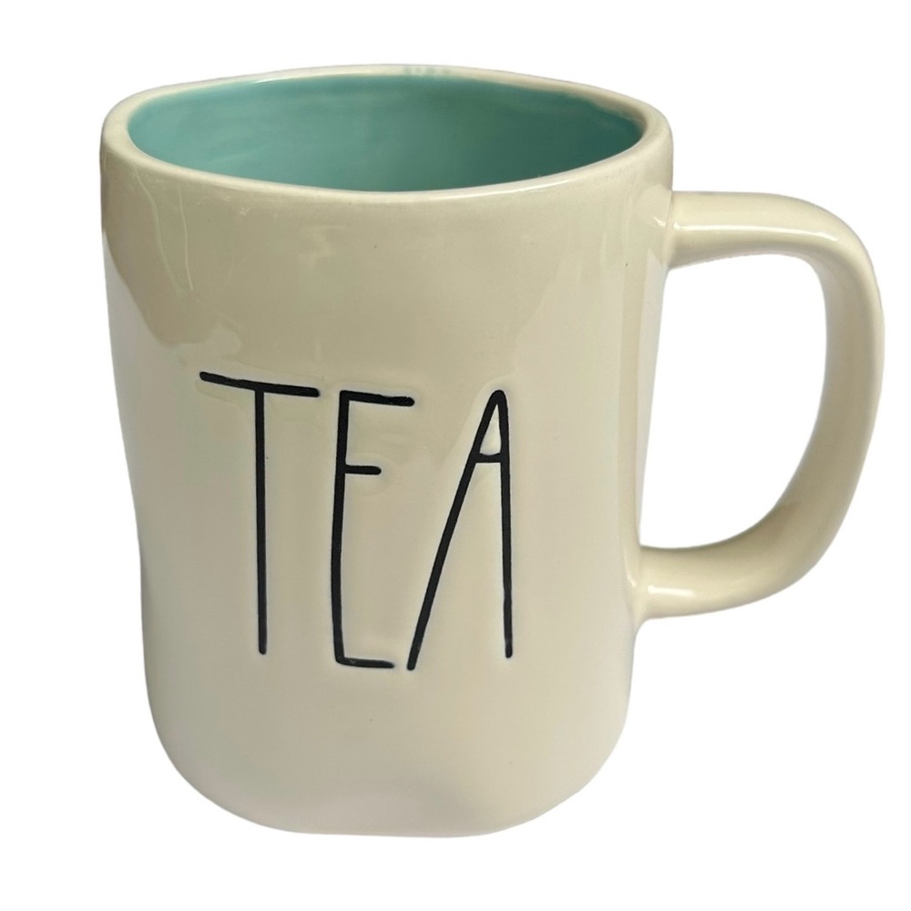 Rae Dunn TEA Mug White Teal Interior Black Large Letter Dimples NWT 2017 OG